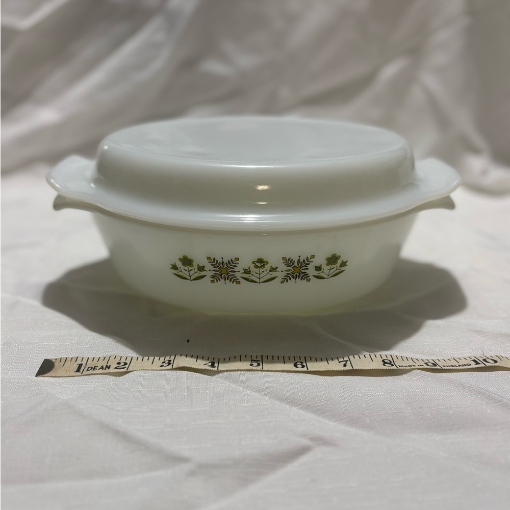 Fire King White Casserole Dish with Green Floral Design